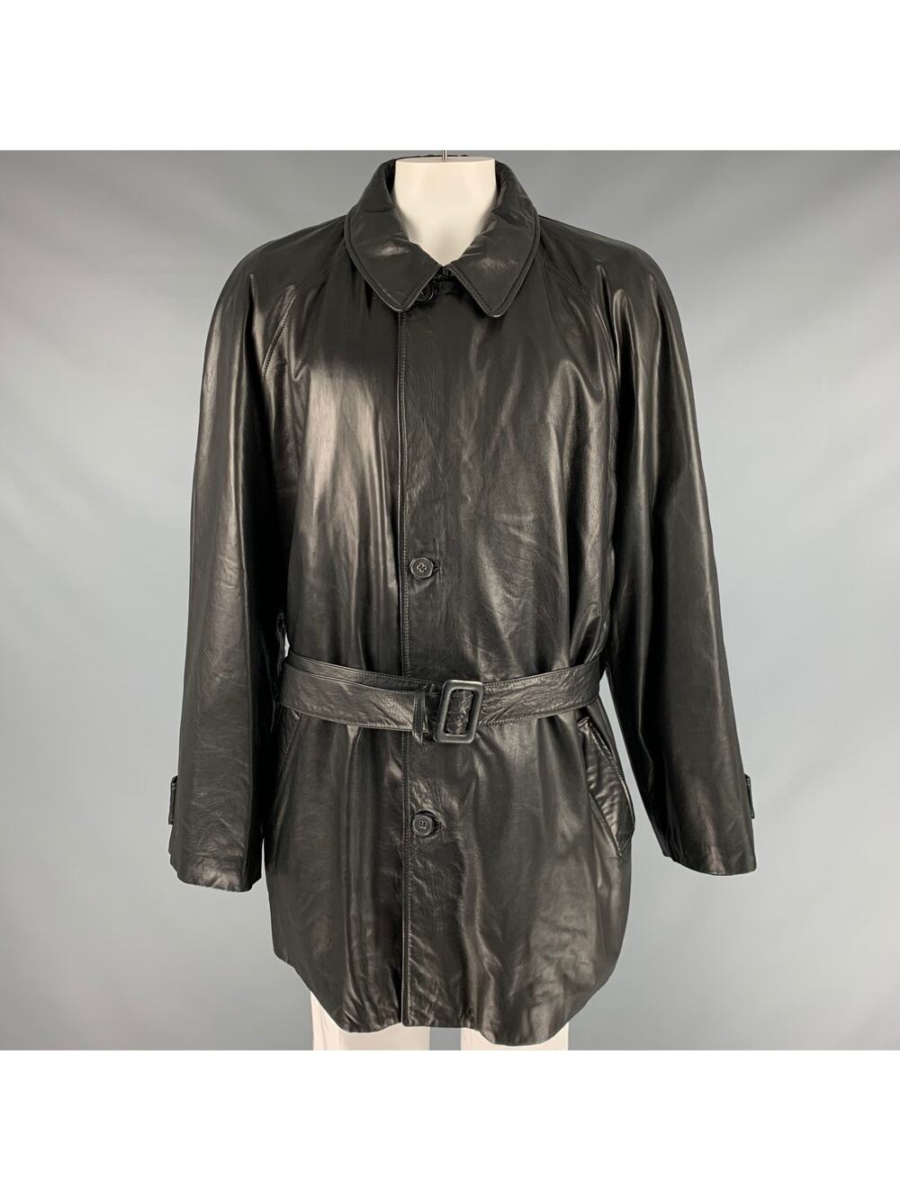 BALLY Size 48 Black Leather Zip Buttons Coat